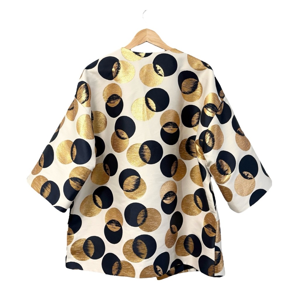 AKRIS Punto Car Coat Jacquard Sake Blue Metallic Gold Dot Print, Size US 12 - Picture 12 of 12
